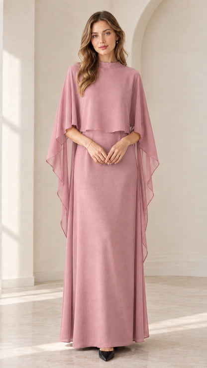Dusty rose capelet chiffon floor-length evening dress
