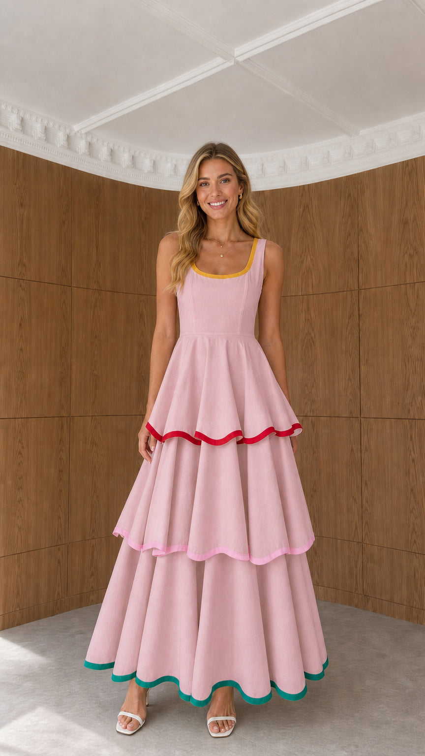 Model wearing pink sleeveless tiered maxi dress with contrast edge piping
