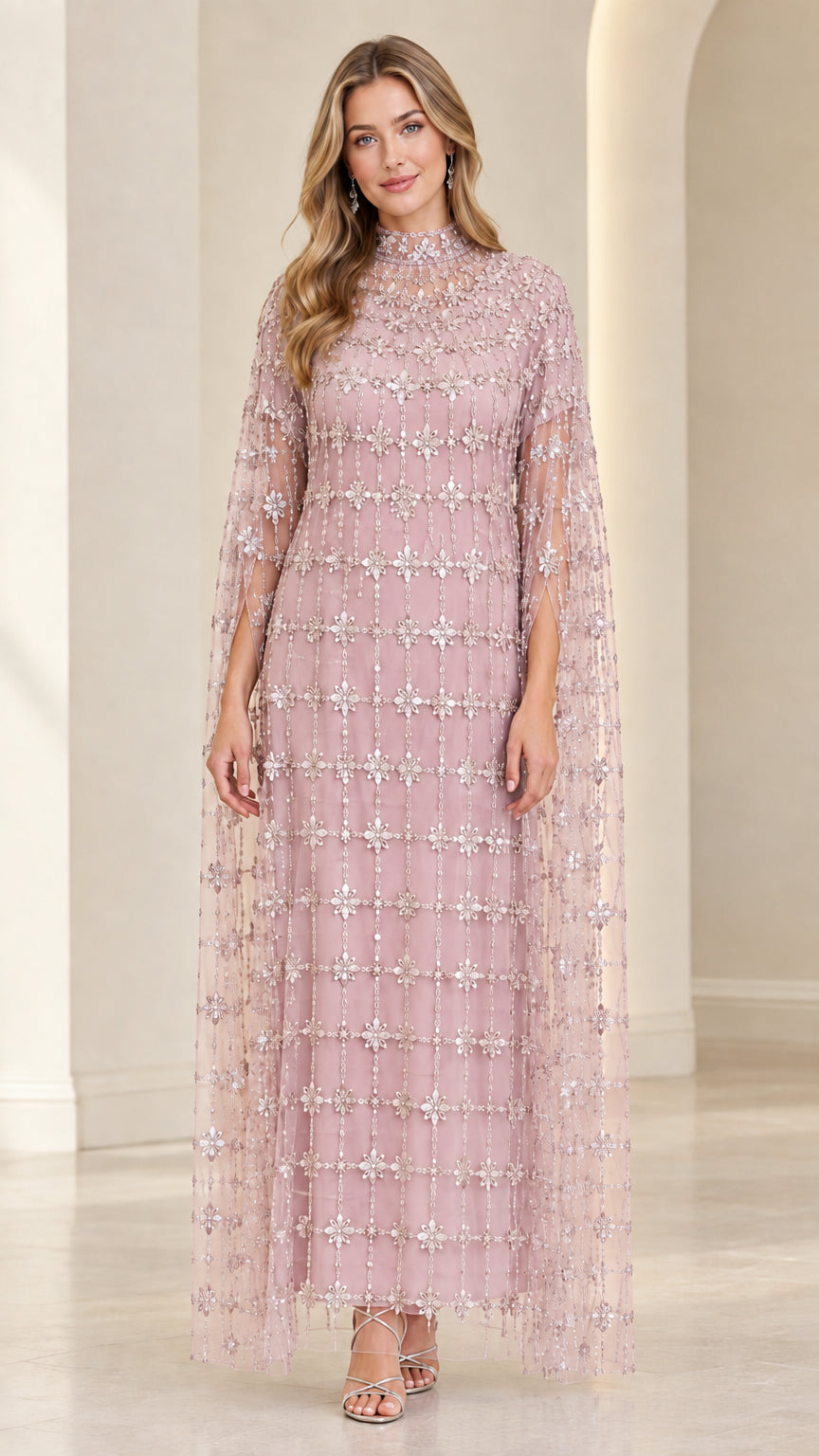Front view of model in Blush Pink crystal-embellished cape maxi dress