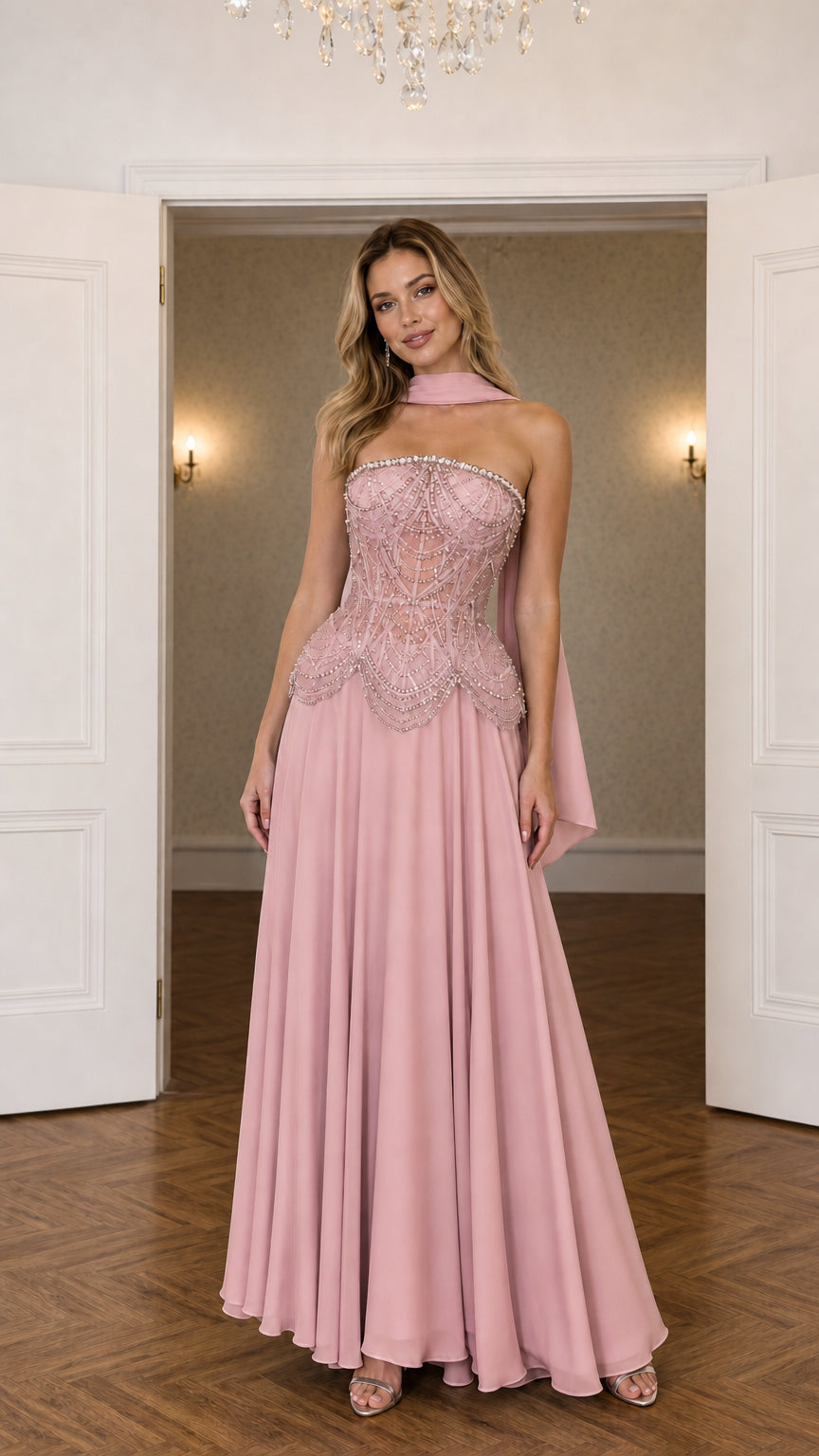 Dusty rose strapless beaded corset gown with draped neck scarf