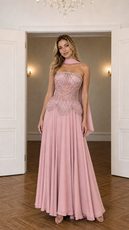 Dusty rose strapless beaded corset gown with draped neck scarf
