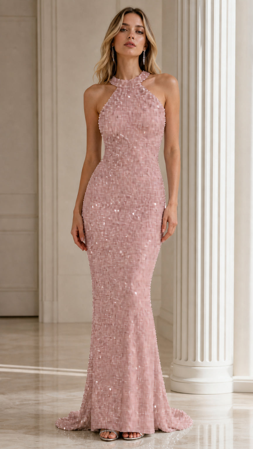 Model wearing blush pink sequin halter-neck evening gown