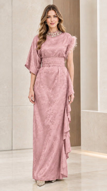 Dusty rose floral jacquard formal gown with feather trim sleeve