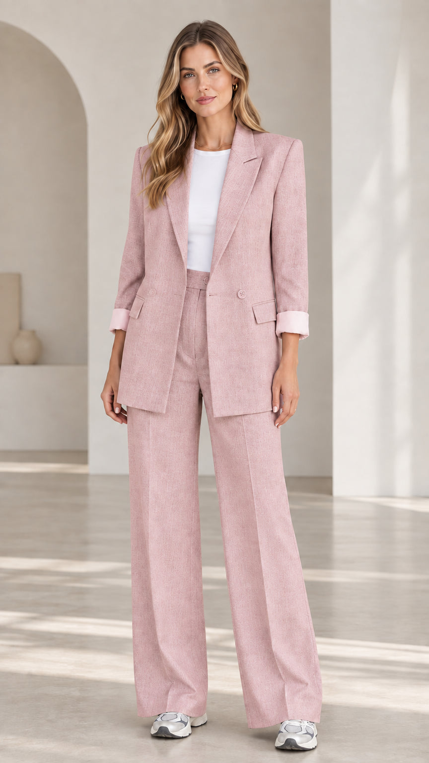 Full-length view of woman wearing Blush Pink two-piece blazer and wide-leg pants suit set