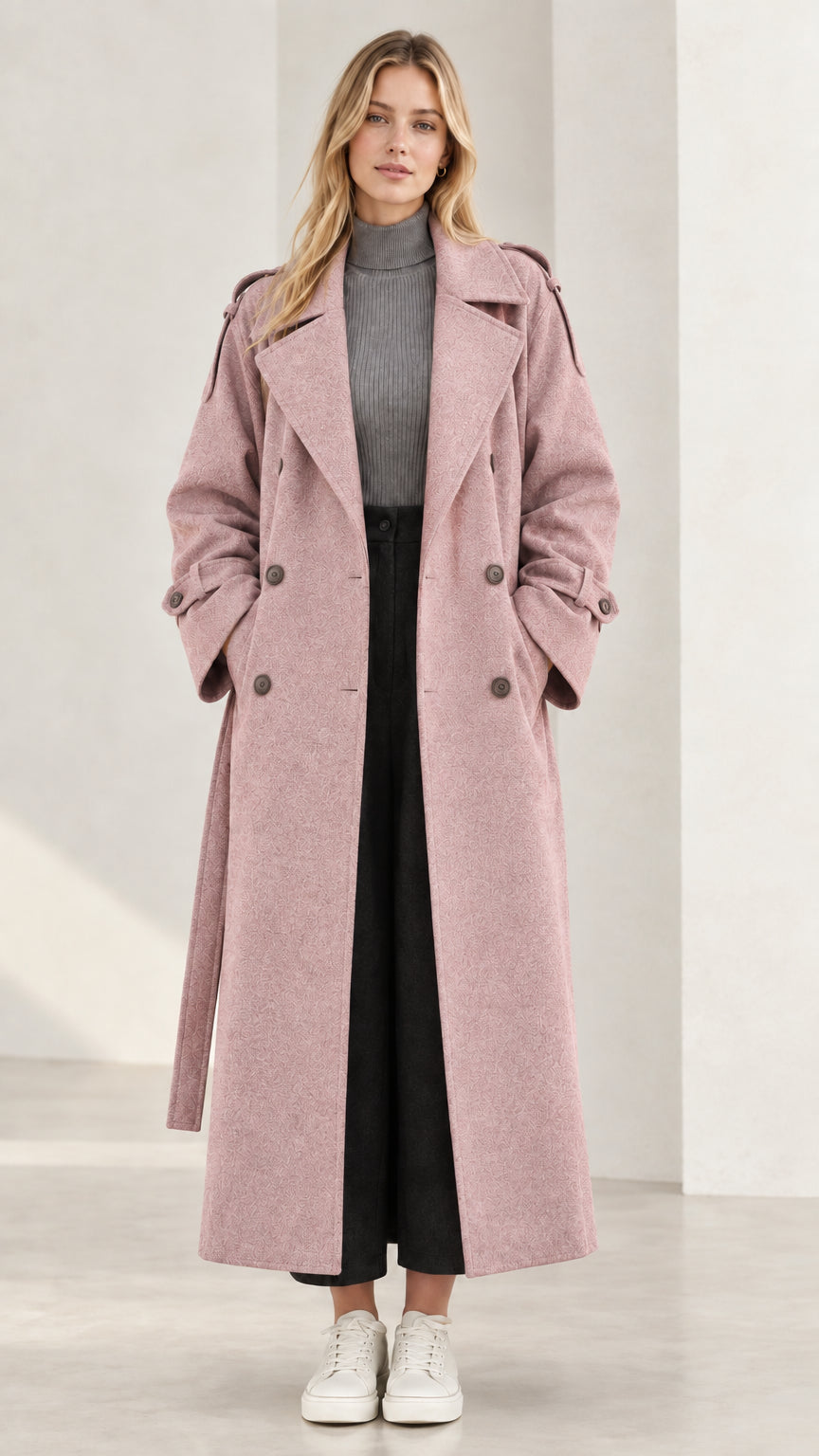 Front view of longline dusty pink textured trench coat