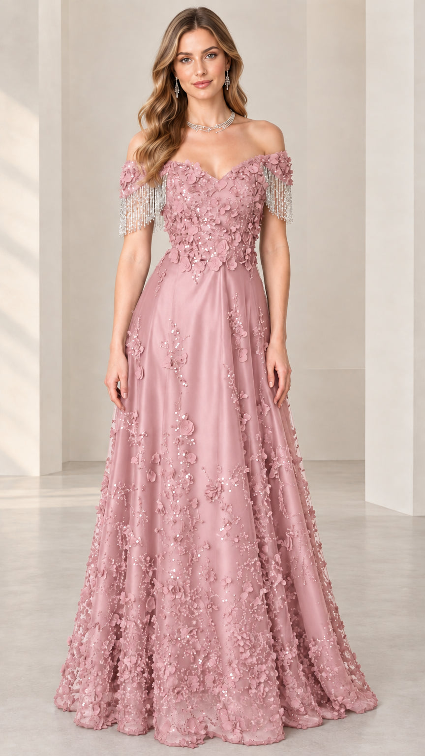 Front view of dusty pink off-the-shoulder 3D floral lace formal gown