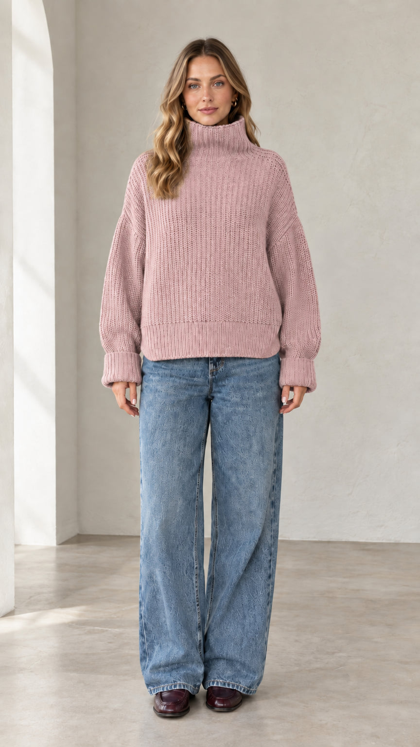 Model wearing dusty pink chunky ribbed high neck knit sweater