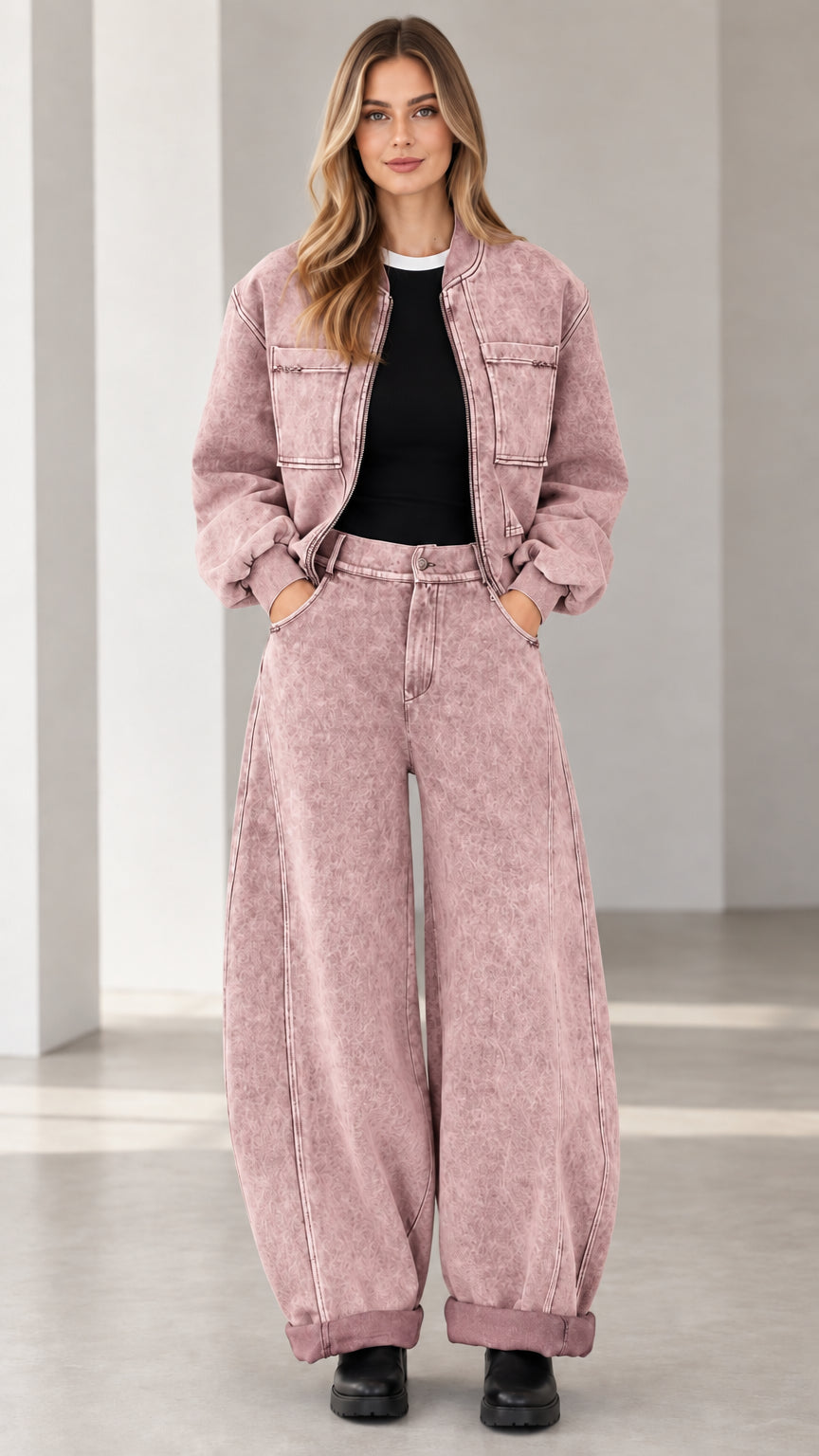 Full front view of dusty pink mineral wash denim jacket and pants matching set