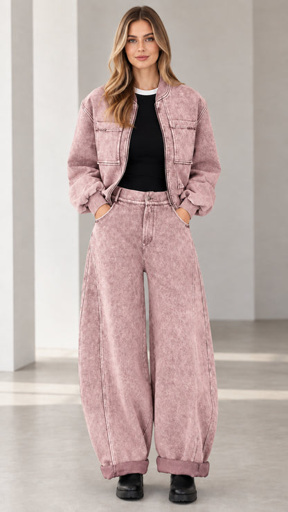 Full front view of dusty pink mineral wash denim jacket and pants matching set