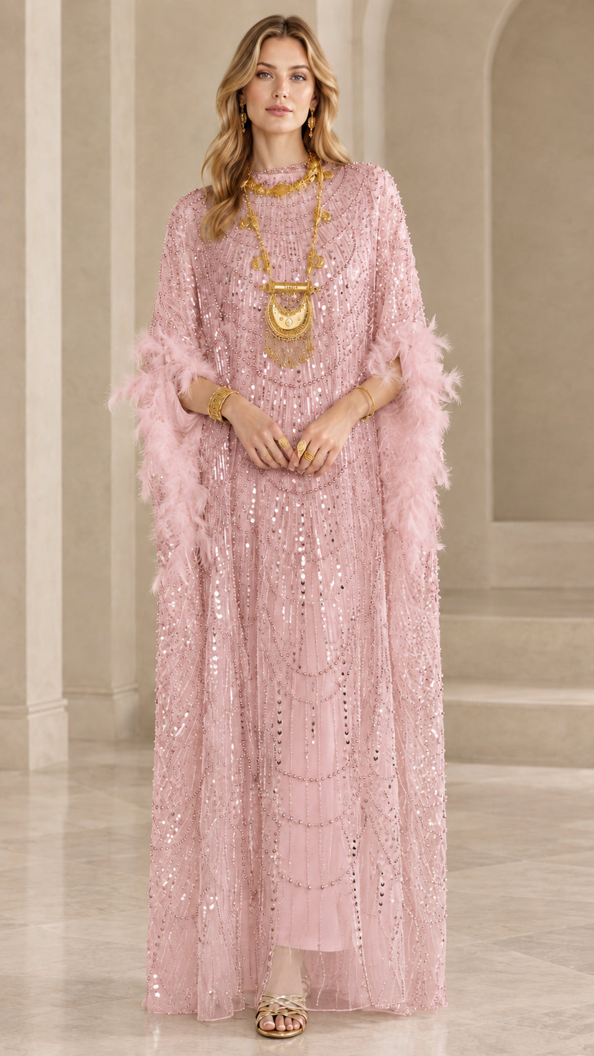 Model wearing blush pink sequin kaftan maxi dress with pink feather trim