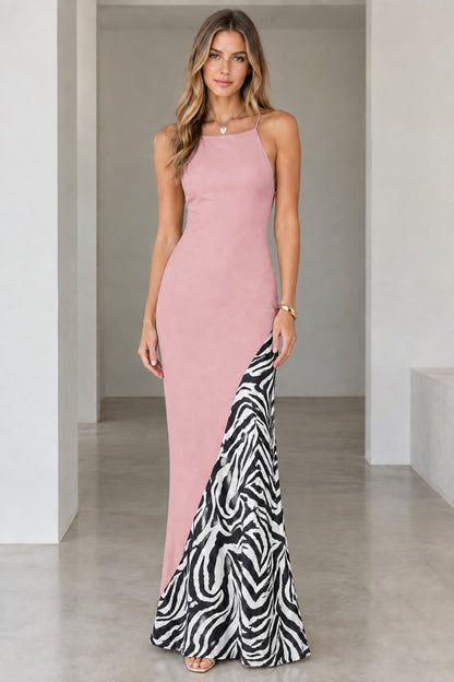 Front view of model wearing the dusty pink maxi dress with zebra insert panel
