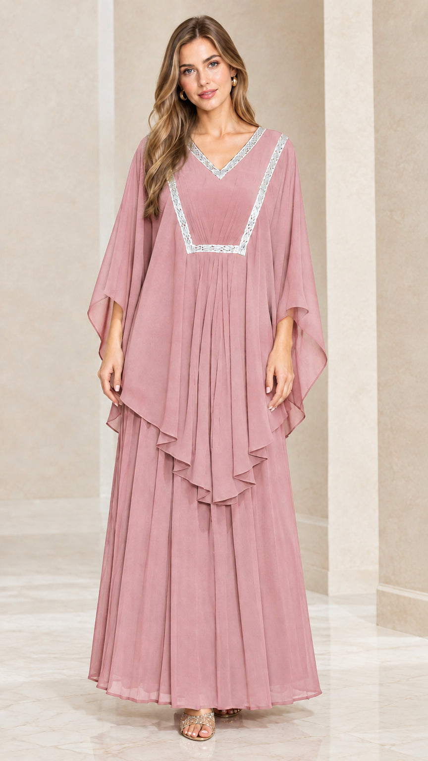 Dusty pink embroidered trim layered kaftan maxi dress
