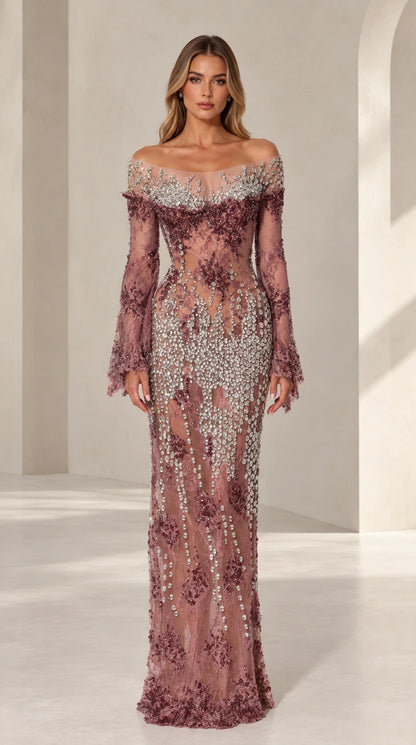Dusty Rose beaded lace evening gown with flared sleeves