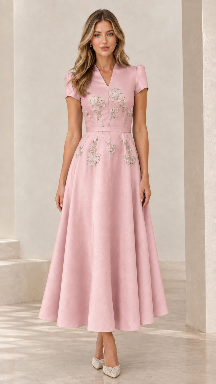Blush pink elegant embroidered V-neck evening gown