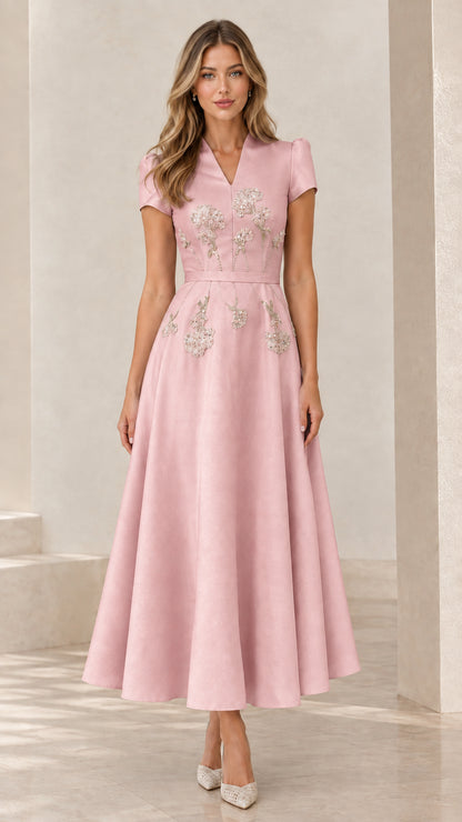 Blush pink elegant embroidered V-neck evening gown