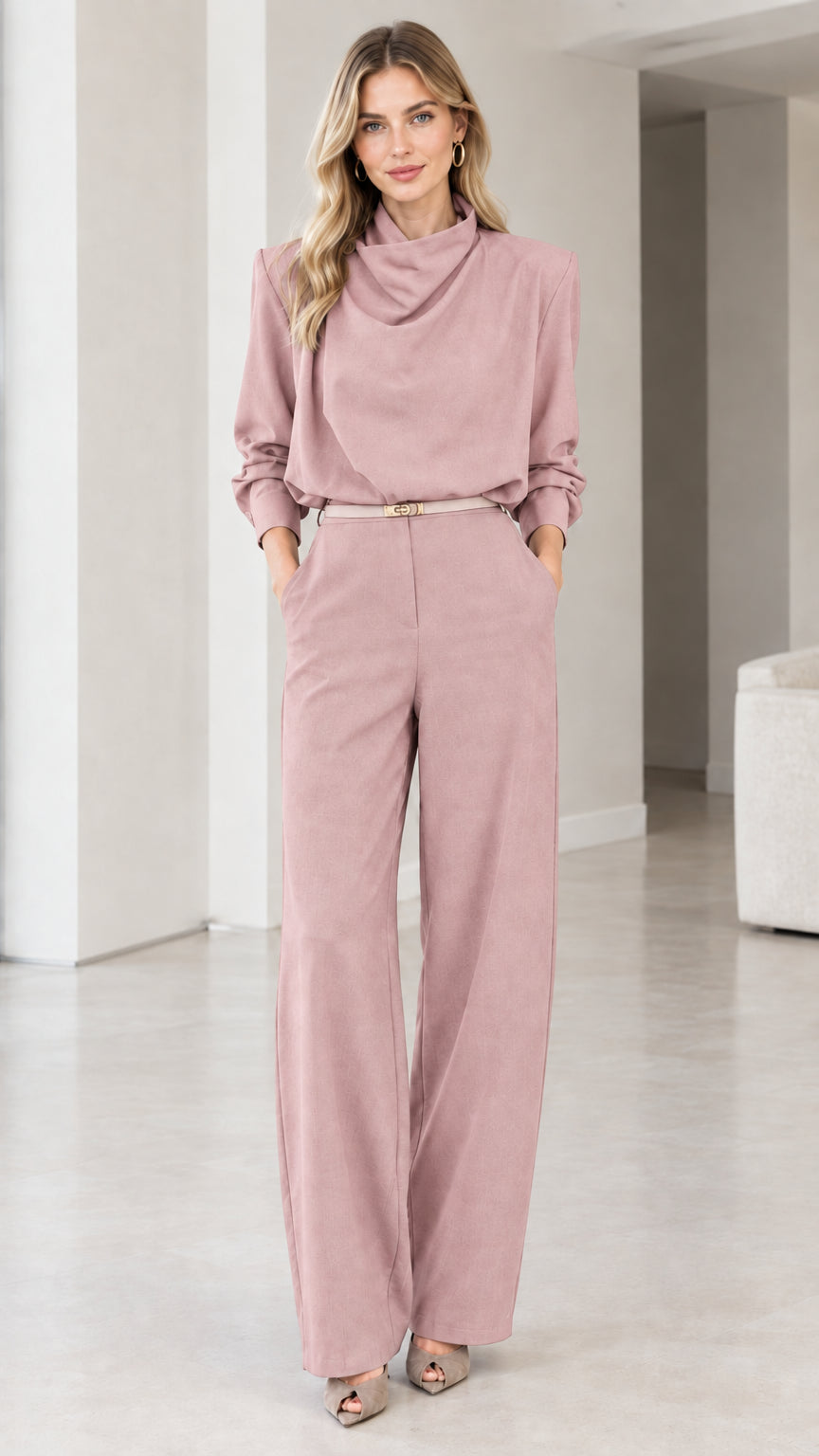 Dusty Pink Long Sleeve Cowl Neck Wide Leg Belted Jumpsuit