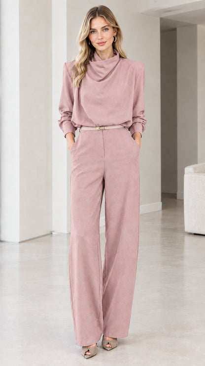 Dusty Pink Long Sleeve Cowl Neck Wide Leg Belted Jumpsuit