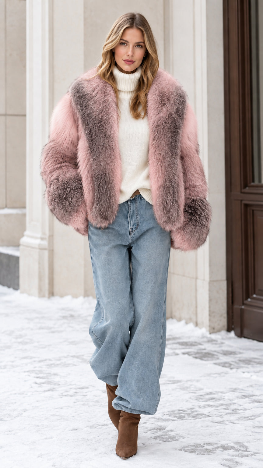 Front view of model wearing a dusty pink plush faux fur coat with white knit top