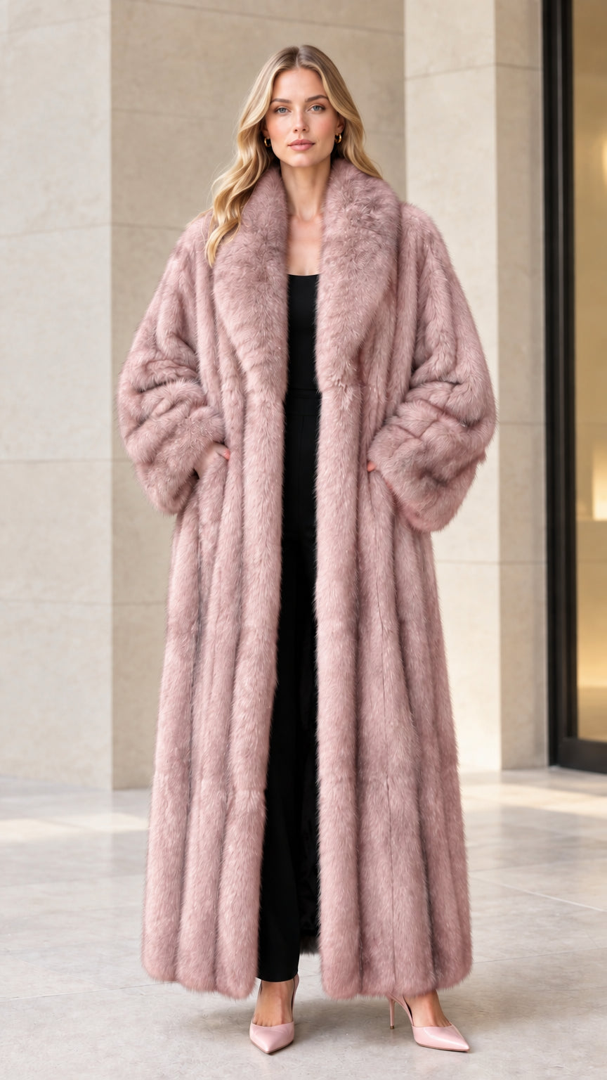 Full-length front view of dusty pink plush faux fur maxi coat