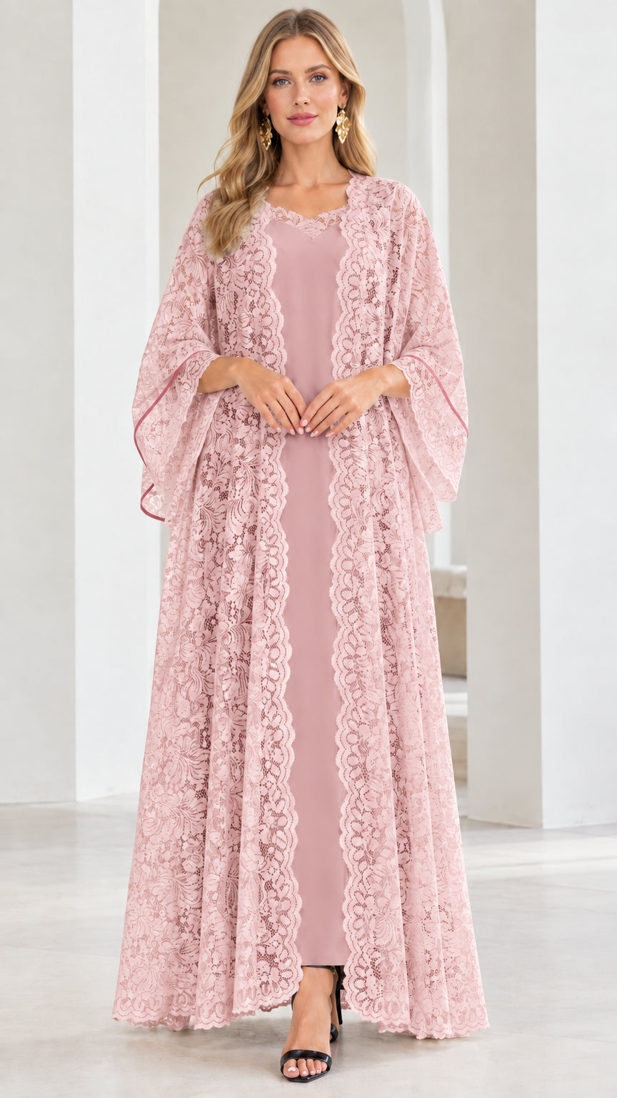 Model wearing dusty pink floral lace duster set with matching slip dress
