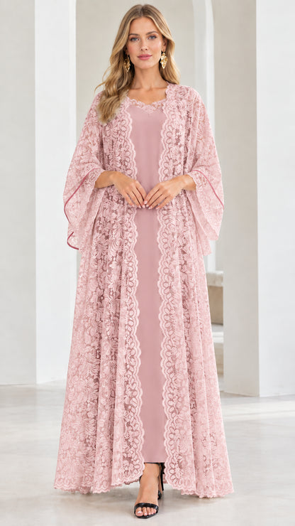 Model wearing dusty pink floral lace duster set with matching slip dress