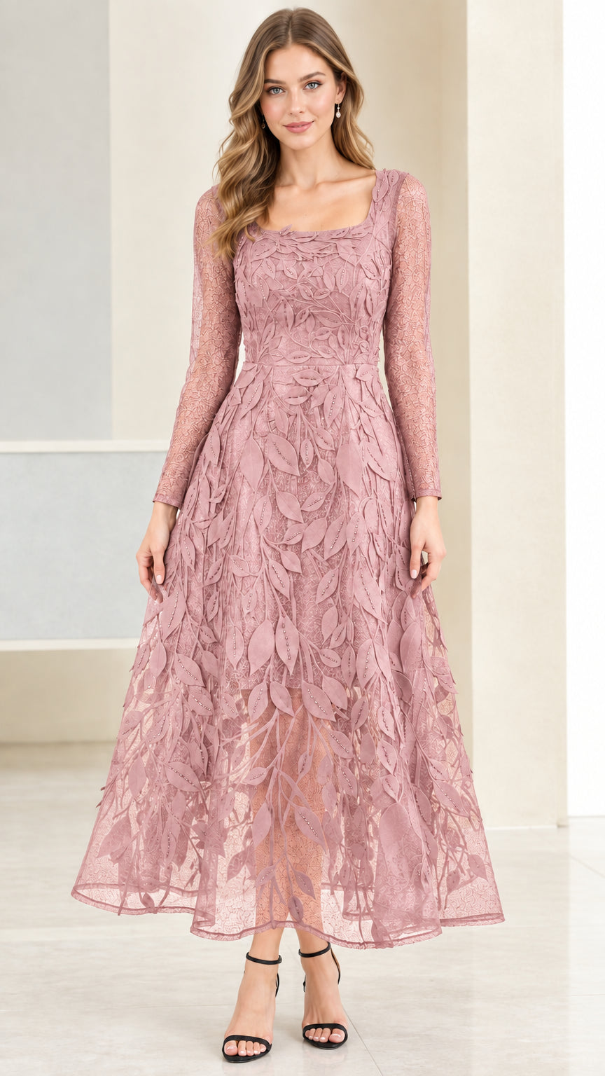 Front view of Dusty Rose pink embroidered leaf lace long sleeve evening dress