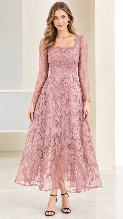 Front view of Dusty Rose pink embroidered leaf lace long sleeve evening dress