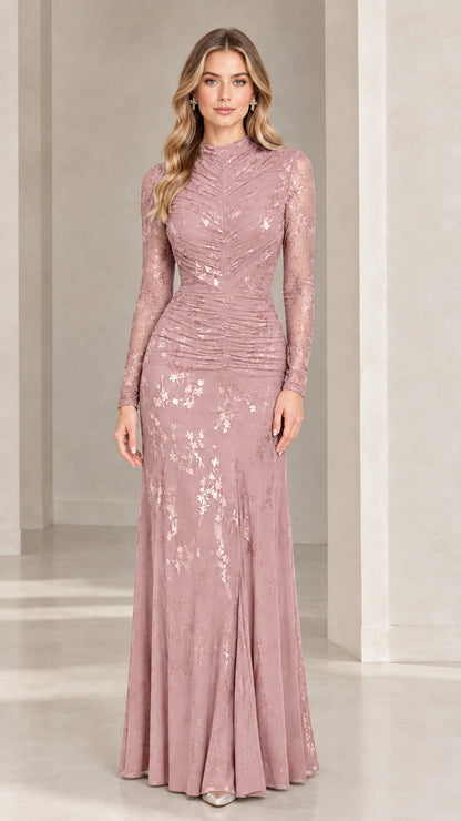 Front full view of mauve long sleeve mock neck floral lace evening gown