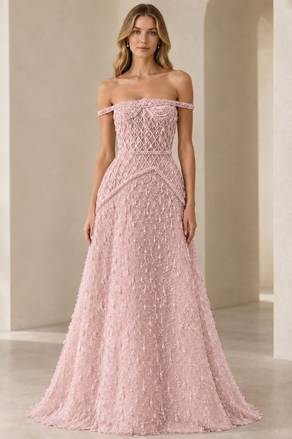 Blush pink off-shoulder beaded A-line evening dress