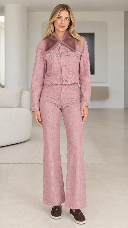 Full front view of Dusty Pink cropped denim jacket and flare pants set