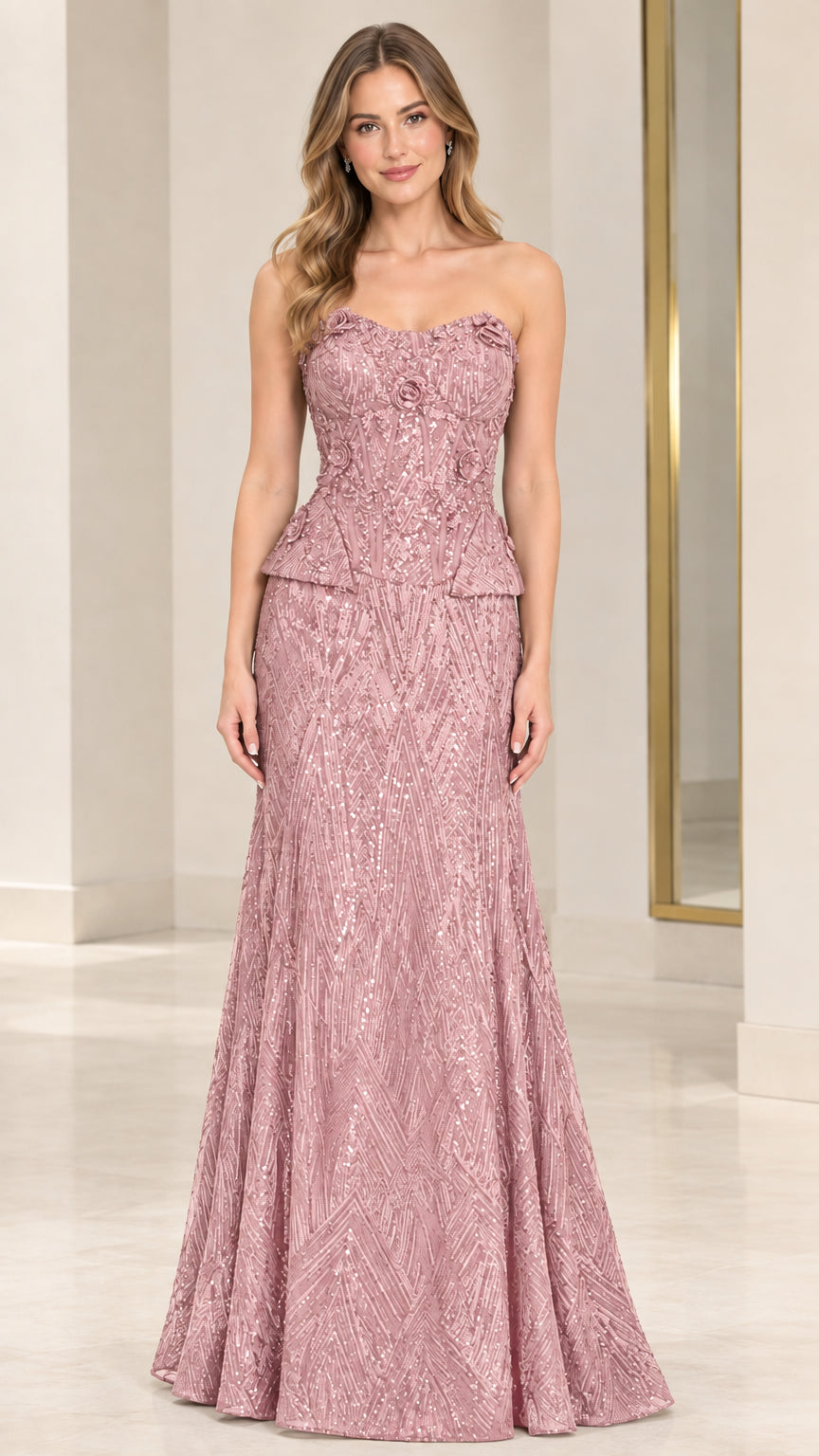 Dusty Rose strapless sequin peplum evening gown front view