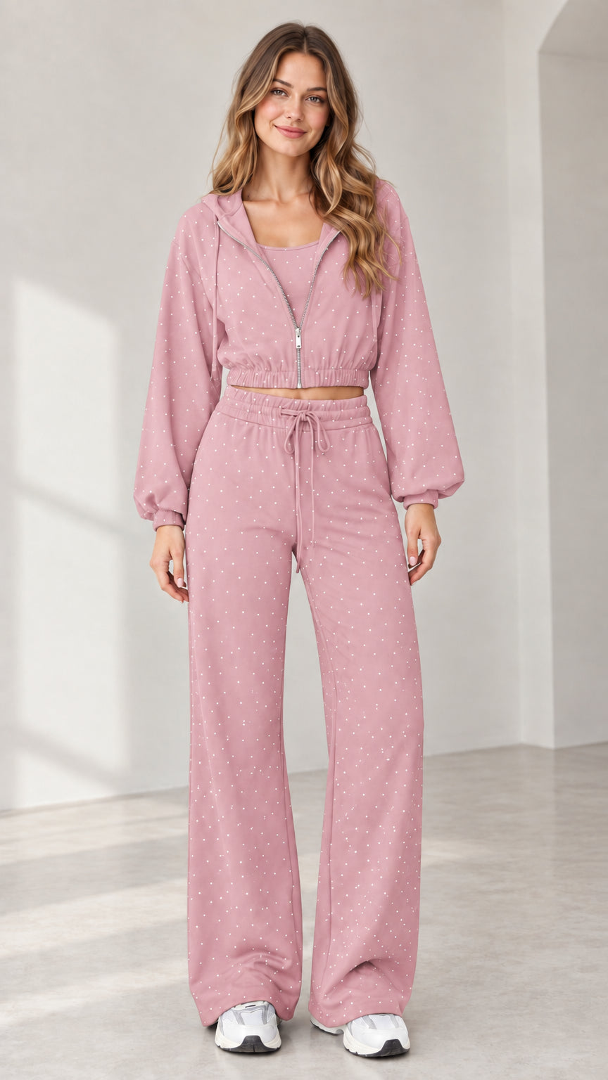 Full front view of model wearing dusty pink rhinestone 3-piece lounge set