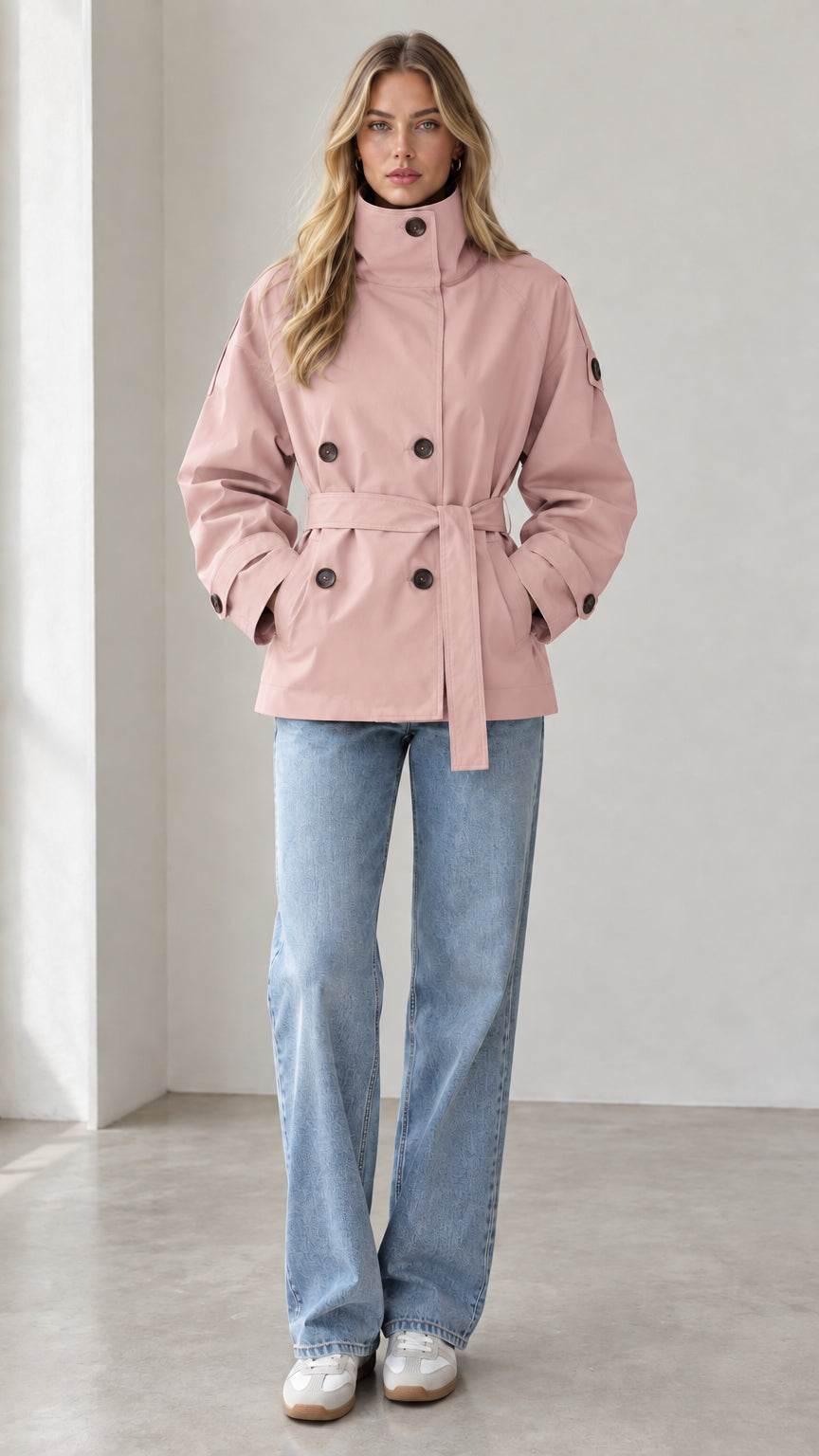Model wearing dusty pink stand-collar short trench coat with belt