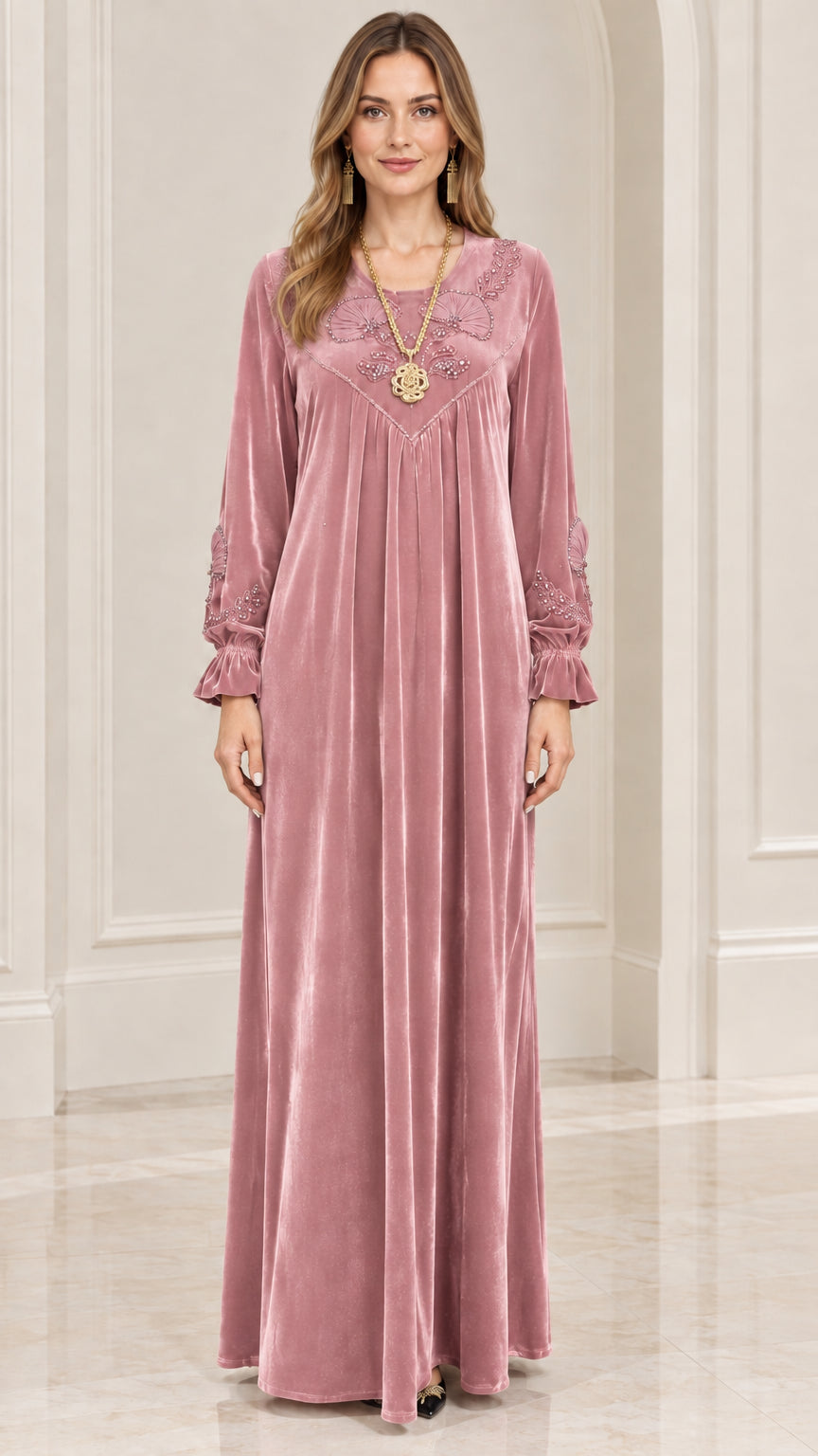 Front view of dusty rose pink velvet embroidered maxi dress