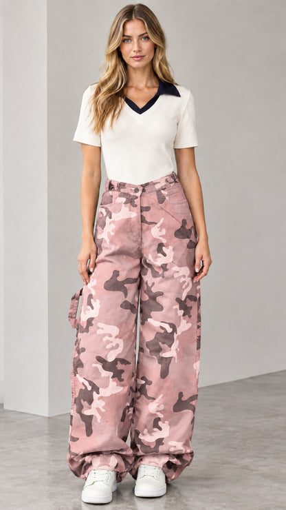 Model wearing pink camouflage asymmetrical waist wide-leg cargo pants