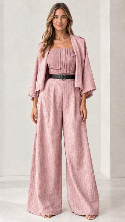 Full front view of the pleated bandeau wide-leg jumpsuit set in dusty pink