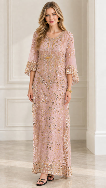 Model wearing Blush Pink sequined embroidered formal maxi dress