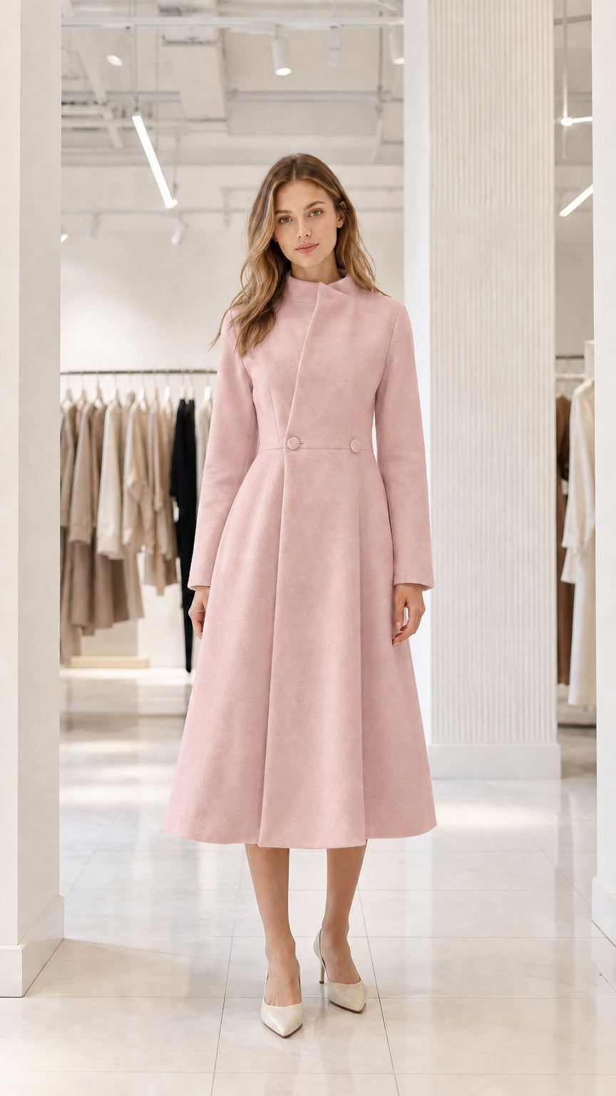 Blush pink elegant fit-and-flare midi overcoat front view on model