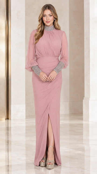 Dusty rose embellished high neck long sleeve evening maxi dress