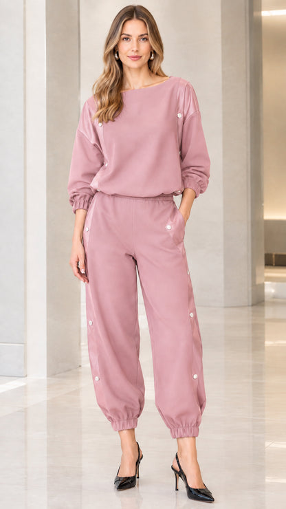 Front full view of women's dusty pink matching sweatshirt and jogger pants set