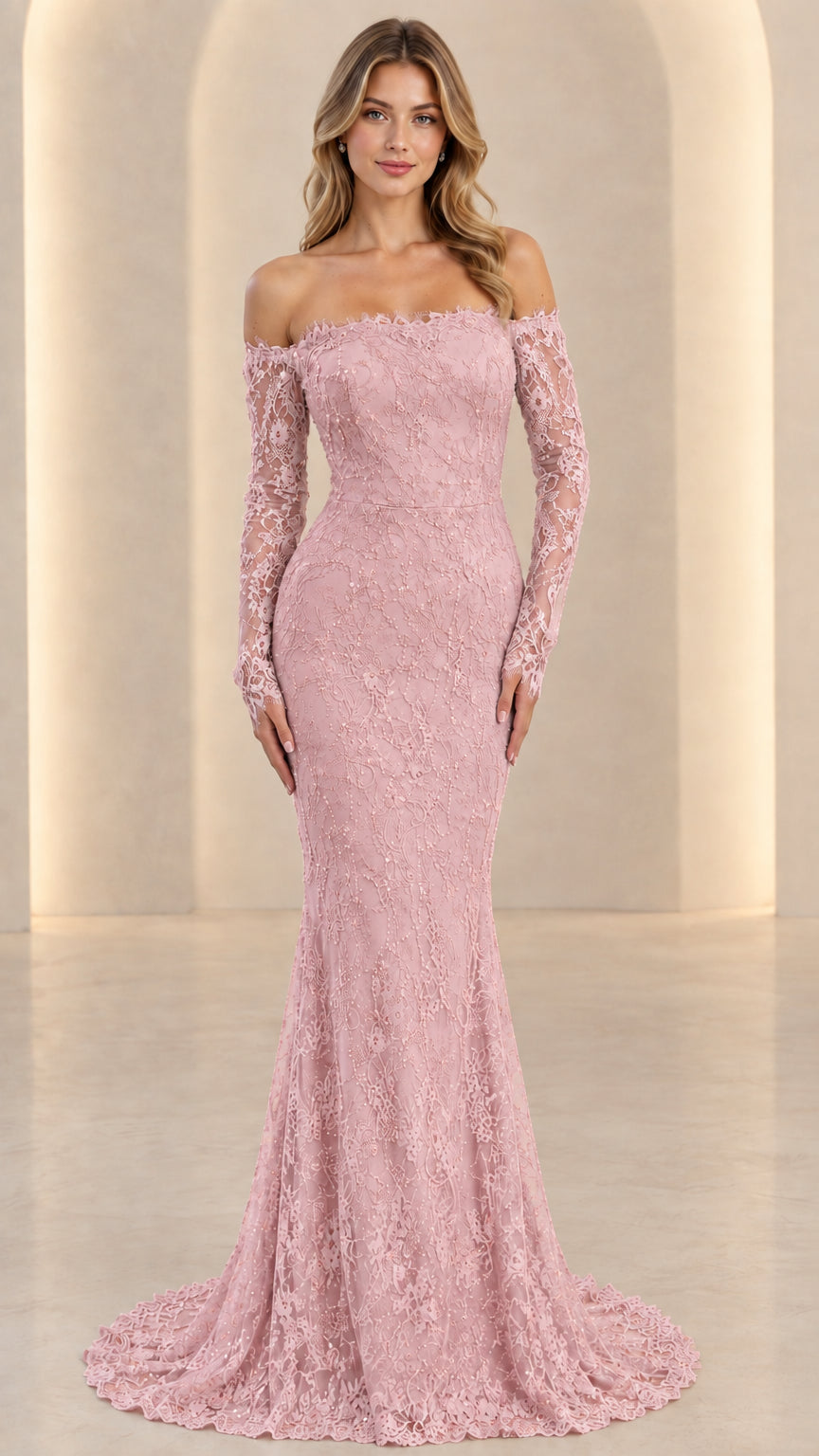 Front full view of dusty rose pink off-the-shoulder long sleeve lace evening dress