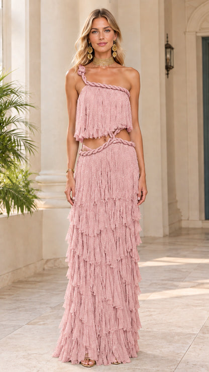 Front view of model wearing dusty pink one-shoulder tiered ruffle cutout maxi dress