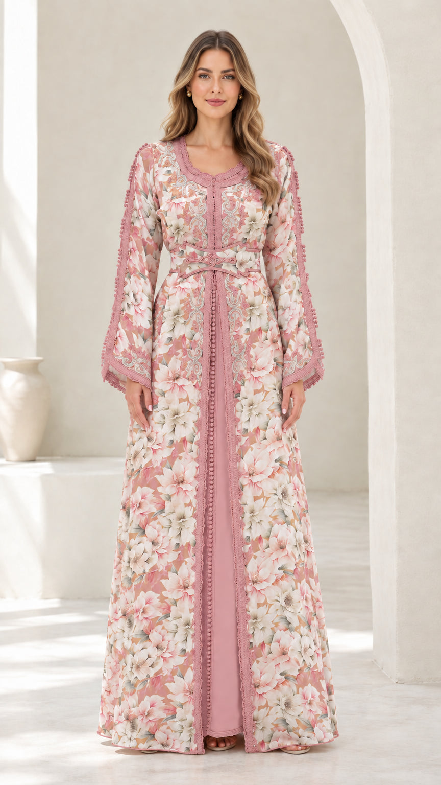 Full-length view of dusty pink floral embroidered caftan evening dress