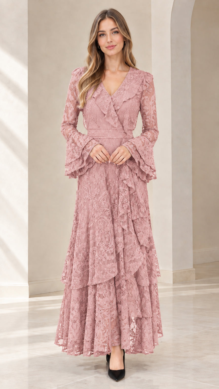 Front full view of woman wearing dusty pink tiered floral lace maxi dress