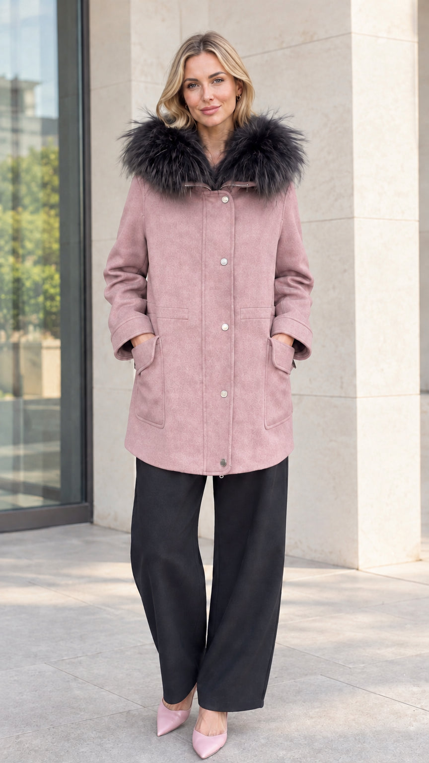 Front view of model wearing dusty pink faux fur hooded mid-length coat