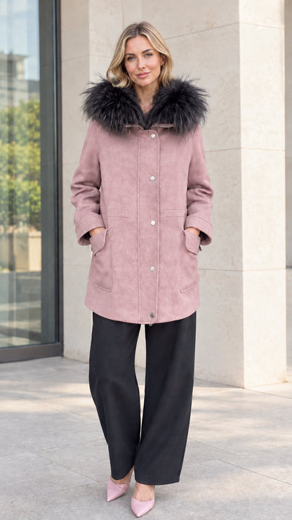 Front view of model wearing dusty pink faux fur hooded mid-length coat