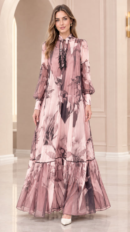 Front view of dusty pink floral print chiffon maxi dress