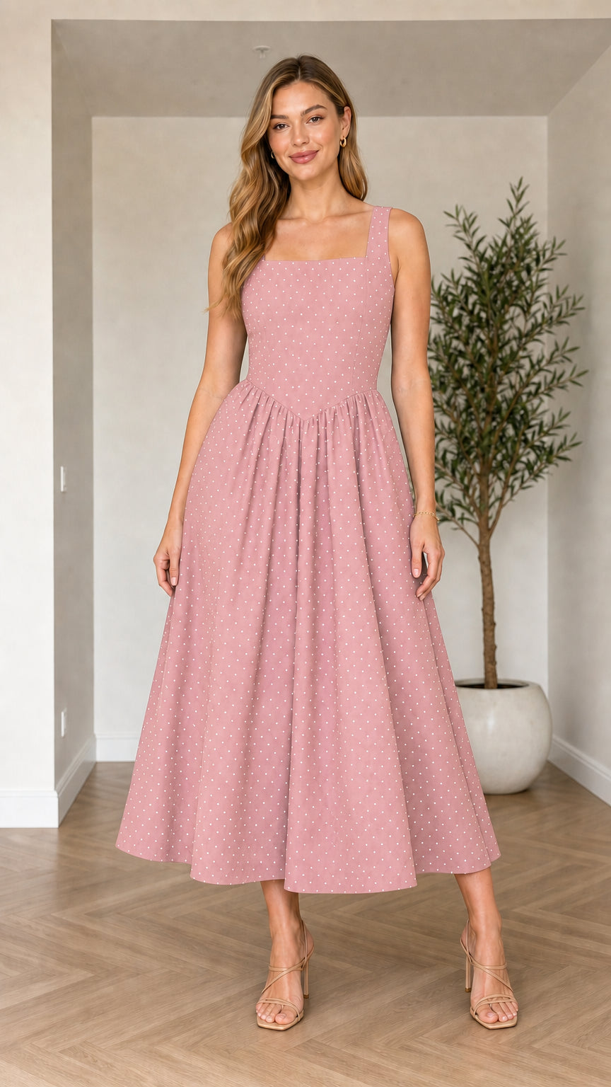 Front view of model wearing dusty pink polka dot square neck midi dress