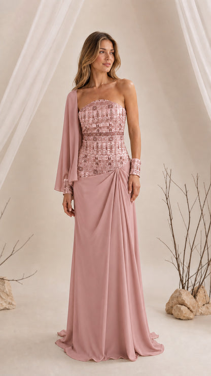 Dusty rose pink strapless formal gown with embroidered bodice