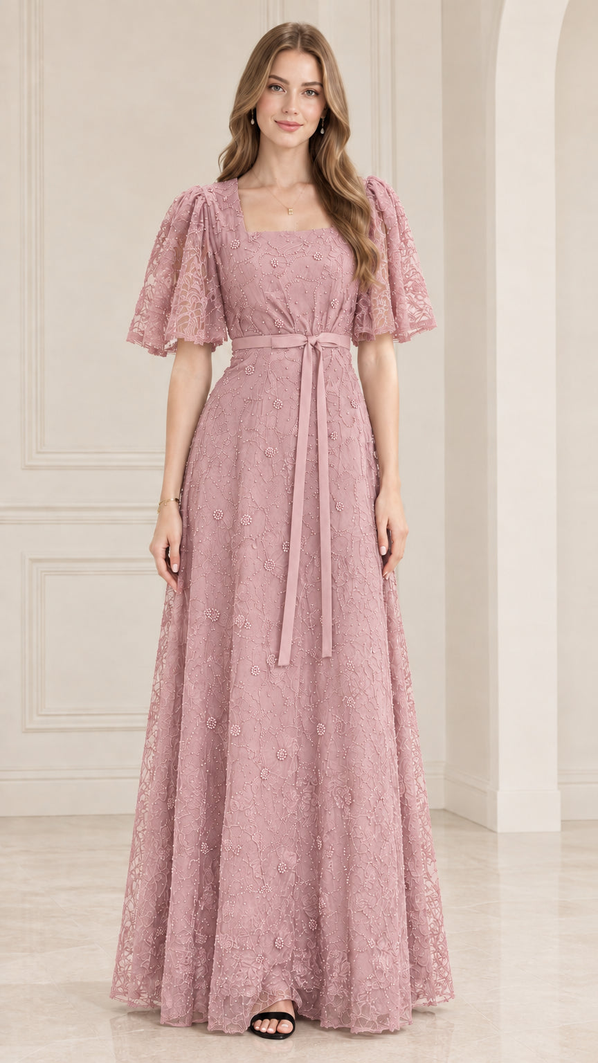 Front view of model wearing dusty rose lace maxi formal dress